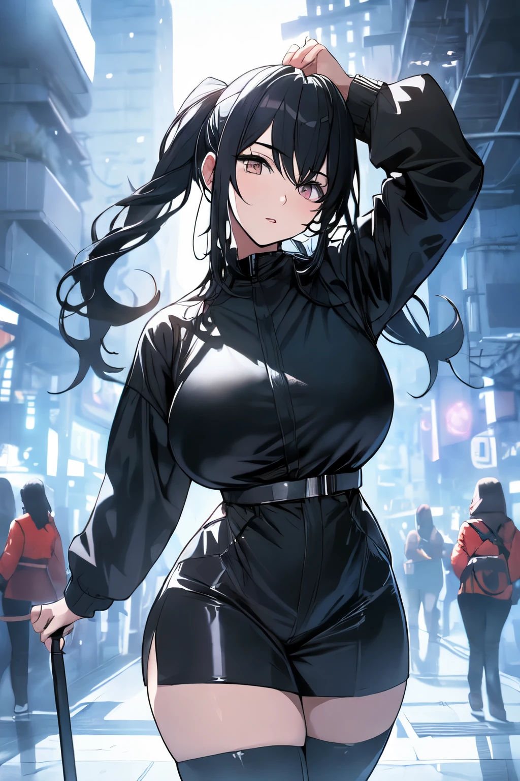 beautiful, alone, 1 chubby woman with 5 pair of  greater black archangel wings, long hair tied in a ponytail, black hair, blue highlights at the ends of her hair, silver eyes (detailed eyes), determined look, embarrassed expression, red lips (perfect lips), wide hips, potato thick leg, black leather jumpsuit, pleated skirt,long fur jacket, futuristic, cyberpunk, cinematic angle, cinematic lighting, artwork, best quality, nsfw, crotch rubbing, seios, Colossal, twin tails, cabelo prateado, Padre, lado, santo, Nojento
