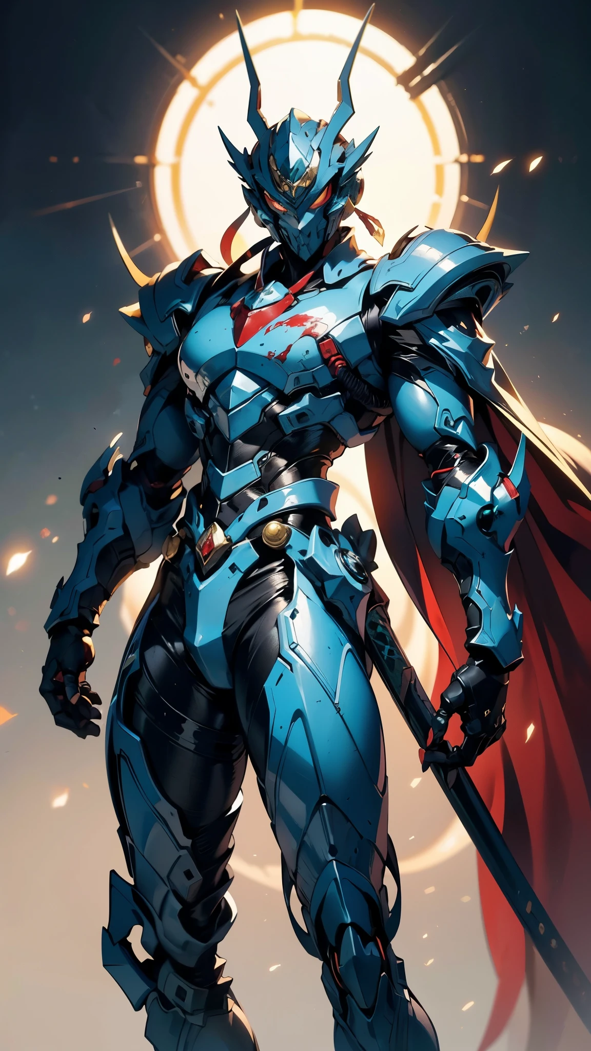 A man wearing a full-face helmet, a fantasy-style biotech armored combat suit, green eyes, (a composite layered chest armor), fully enclosed shoulder guards, matching arm and leg guards, the belt is adorned with fangs biting into gemstone, (the color scheme is primarily blue with black and red accents), the design balances heavy with agility, a high-tech bio-mecha armor, (Armor Concept Inspired by Cyberpunk Vampire, the huge cape fluttering in the wind, stand on the top of a skyscraper in a futuristic sci-fi city), this character embodies a finely crafted fantasy-surreal style armored hero in anime style, exquisite and mature manga art style, (battle damage, element, blood, plasma, energy, the armor glows), ((male:1.5)), metallic, real texture material, dramatic, high definition, best quality, highres, ultra-detailed, ultra-fine painting, extremely delicate, professional, perfect body proportions, golden ratio, anatomically correct, symmetrical face, extremely detailed eyes and face, high quality eyes, creativity, RAW photo, UHD, 32k, Natural light, cinematic lighting, masterpiece-anatomy-perfect, masterpiece:1.5