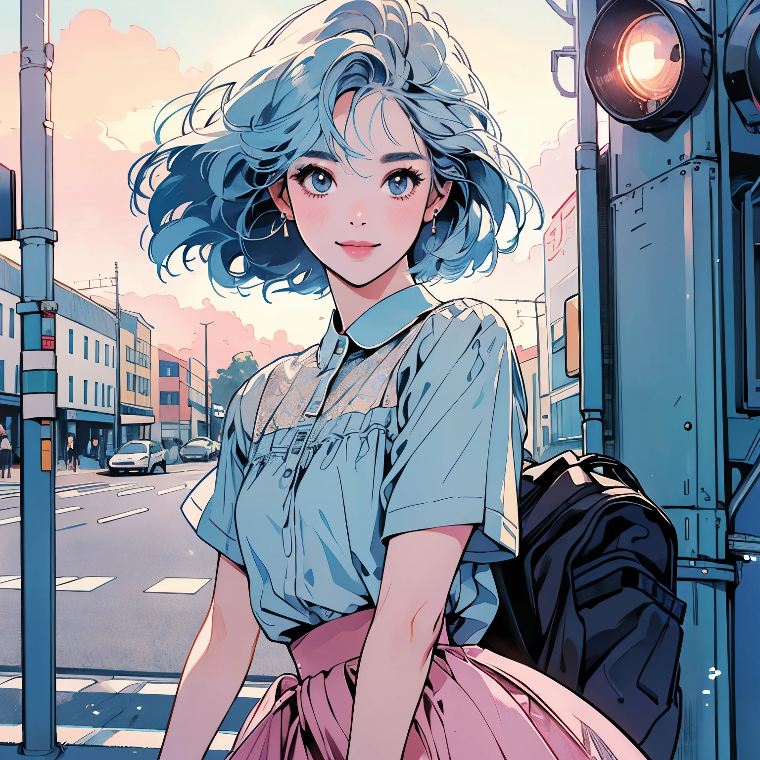 whole body、Kind Face、1 pretty woman、4k、White short sleeve blouse、skirt、pedestrian crossing、Signal 、intersection、Complex background、Detailed Hair、smile、Short light blue hair、Faint lighting