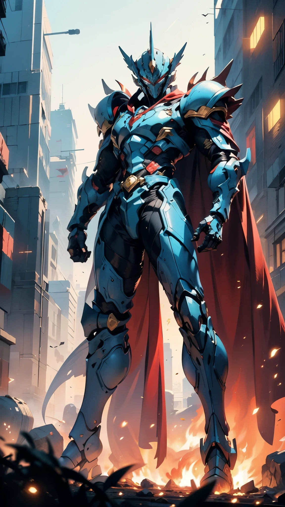 A man wearing a full-face helmet, a fantasy-style biotech armored combat suit, green eyes, (a composite layered chest armor), fully enclosed shoulder guards, matching arm and leg guards, the belt is adorned with fangs biting into gemstone, (the color scheme is primarily blue with black and red accents), the design balances heavy with agility, a high-tech bio-mecha armor, (Armor Concept Inspired by Cyberpunk Vampire, the huge cape fluttering in the wind, stand on the top of a skyscraper in a futuristic sci-fi city), this character embodies a finely crafted fantasy-surreal style armored hero in anime style, exquisite and mature manga art style, (battle damage, element, blood, plasma, energy, the armor glows), ((male:1.5)), metallic, real texture material, dramatic, high definition, best quality, highres, ultra-detailed, ultra-fine painting, extremely delicate, professional, perfect body proportions, golden ratio, anatomically correct, symmetrical face, extremely detailed eyes and face, high quality eyes, creativity, RAW photo, UHD, 32k, Natural light, cinematic lighting, masterpiece-anatomy-perfect, masterpiece:1.5