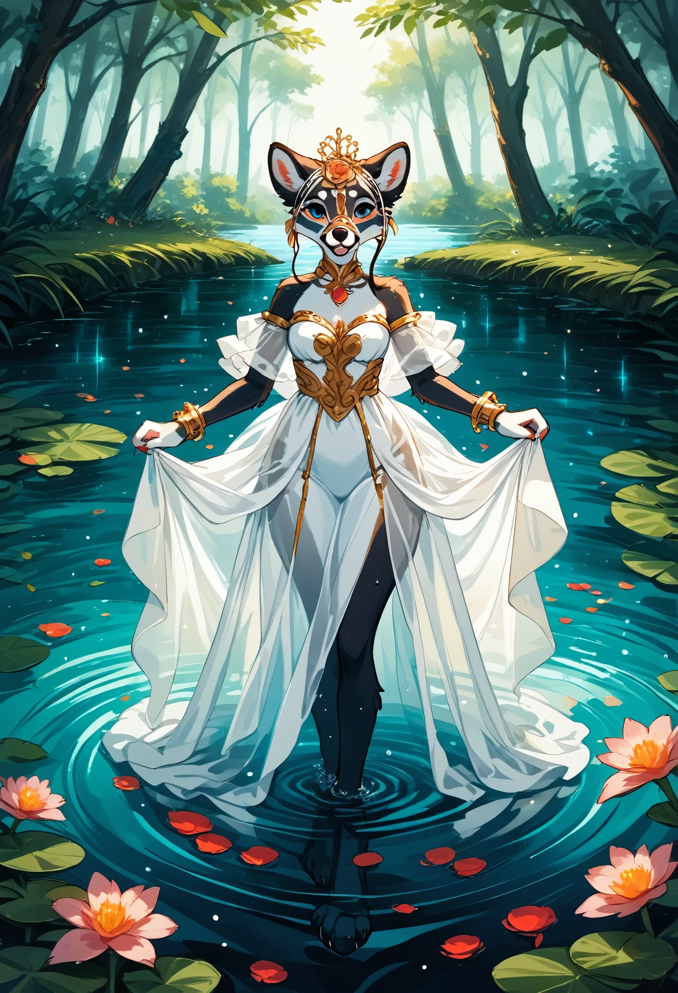 Top quality ultra-fine illustrations, bathing in water, beautiful refraction of water, white dress soaked in water, transparent clothing, Rich colors, Dreamy, mystical, Tarot Card, erotic(In the forest where the stream flows, Backlighting)(beautiful face and eyes with great detail)absurdres, perfect anatomy((Beastwoman))(Furry, angelic cute 1girl, Solo focus)(furry anthro:1.7)(((furry body, Facial features of animal, Features of the animal body)))(((muzzle of the animal, very detailed furry body of animal))))full body, Smile (portrait),