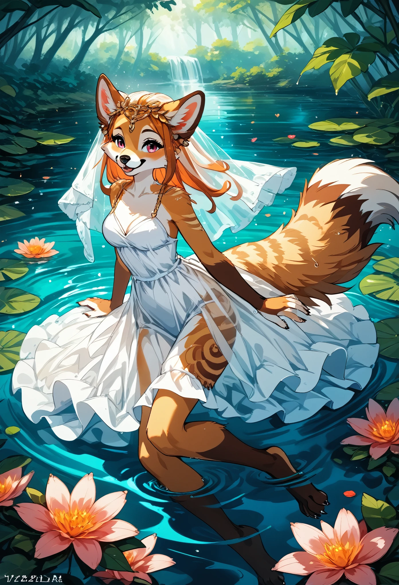 Top quality ultra-fine illustrations, bathing in water, beautiful refraction of water, white dress soaked in water, transparent clothing, Rich colors, Dreamy, mystical, Tarot Card, erotic(In the forest where the stream flows, Backlighting)(beautiful face and eyes with great detail)absurdres, perfect anatomy((Beastwoman))(Furry, angelic cute 1girl, Solo focus)(furry anthro:1.7)(((furry body, Facial features of animal, Features of the animal body)))(((muzzle of the animal, very detailed furry body of animal))))full body, Smile (portrait),