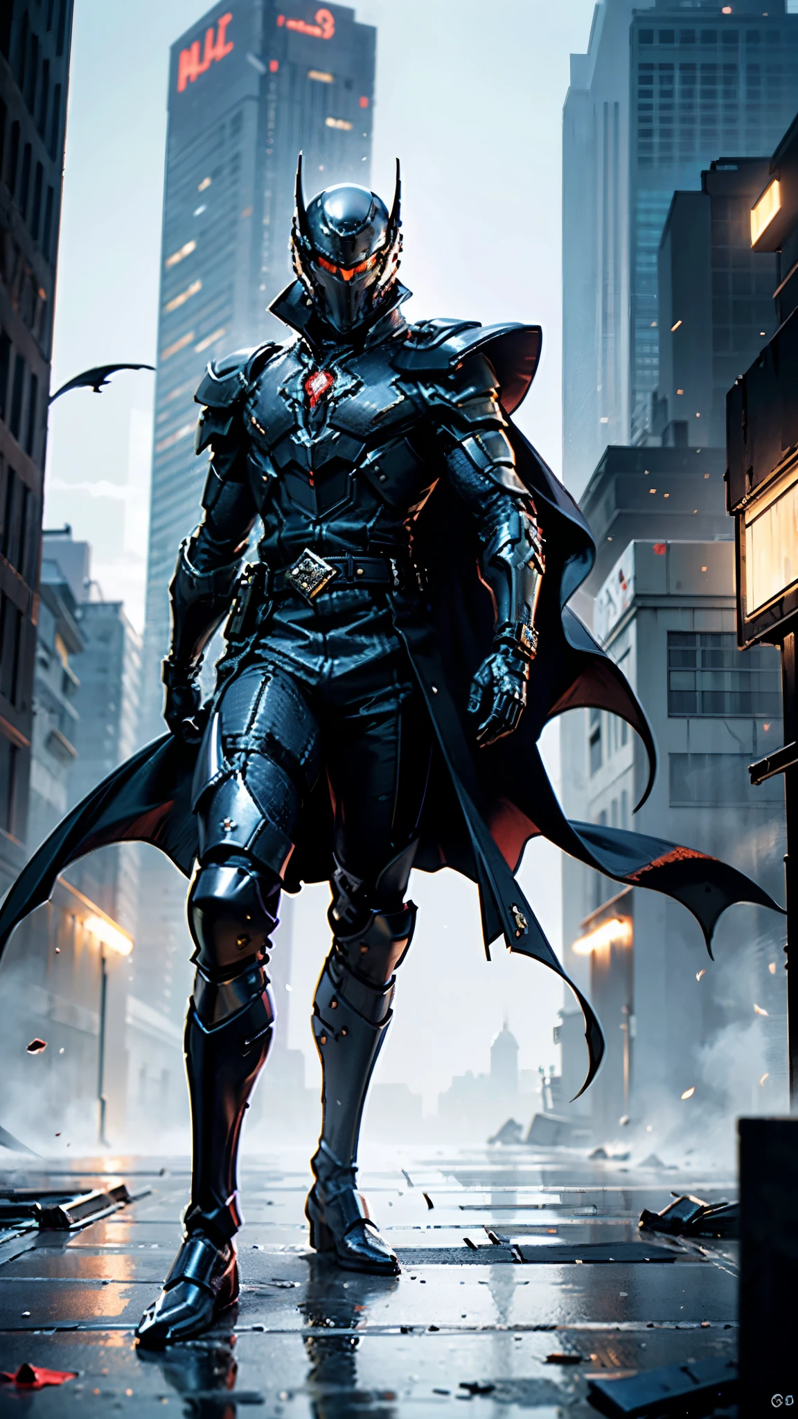 A man wearing a full-face helmet, a fantasy-style biotech armored combat suit, green eyes, (a composite layered chest armor), fully enclosed shoulder guards, matching arm and leg guards, the belt is adorned with fangs biting into gemstone, (the color scheme is primarily blue with black and red accents), the design balances heavy with agility, a high-tech bio-mecha armor, (Armor Concept Inspired by Vampire, the huge cape fluttering in the wind, stand on the top of a skyscraper in a futuristic sci-fi city), this character embodies a finely crafted fantasy-surreal style armored hero in anime style, exquisite and mature manga art style, (battle damage, element, blood, plasma, energy, the armor glows), ((male:1.5)), metallic, real texture material, dramatic, high definition, best quality, highres, ultra-detailed, ultra-fine painting, extremely delicate, professional, perfect body proportions, golden ratio, anatomically correct, symmetrical face, extremely detailed eyes and face, high quality eyes, creativity, RAW photo, UHD, 32k, Natural light, cinematic lighting, masterpiece-anatomy-perfect, masterpiece:1.5