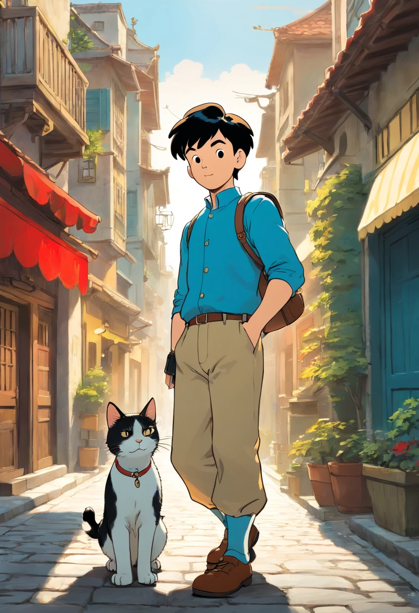 Tintin, male, black hair, herge, european comics, heroic pose, Indonesian street, with calico cat