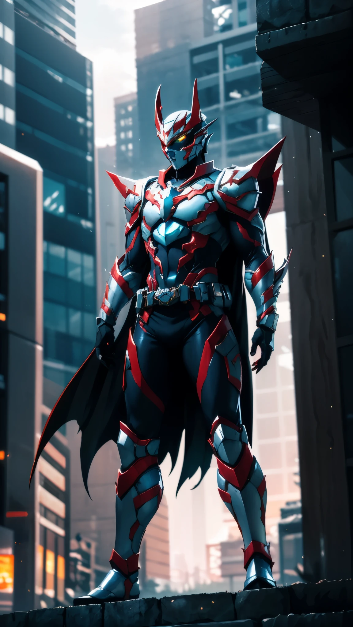 A man wearing a full-face helmet, a fantasy-style biotech armored combat suit, green eyes, (a composite layered chest armor), fully enclosed shoulder guards, matching arm and leg guards, the belt is adorned with fangs biting into gemstone, (the color scheme is primarily blue with black and red accents), the design balances heavy with agility, a high-tech bio-mecha armor, (Armor Concept Inspired by Vampire, the huge cape fluttering in the wind, stand on the top of a skyscraper in a futuristic sci-fi city), this character embodies a finely crafted fantasy-surreal style armored hero in anime style, exquisite and mature manga art style, (battle damage, element, blood, plasma, energy, the armor glows), ((male:1.5)), metallic, real texture material, dramatic, high definition, best quality, highres, ultra-detailed, ultra-fine painting, extremely delicate, professional, perfect body proportions, golden ratio, anatomically correct, symmetrical face, extremely detailed eyes and face, high quality eyes, creativity, RAW photo, UHD, 32k, Natural light, cinematic lighting, masterpiece-anatomy-perfect, masterpiece:1.5