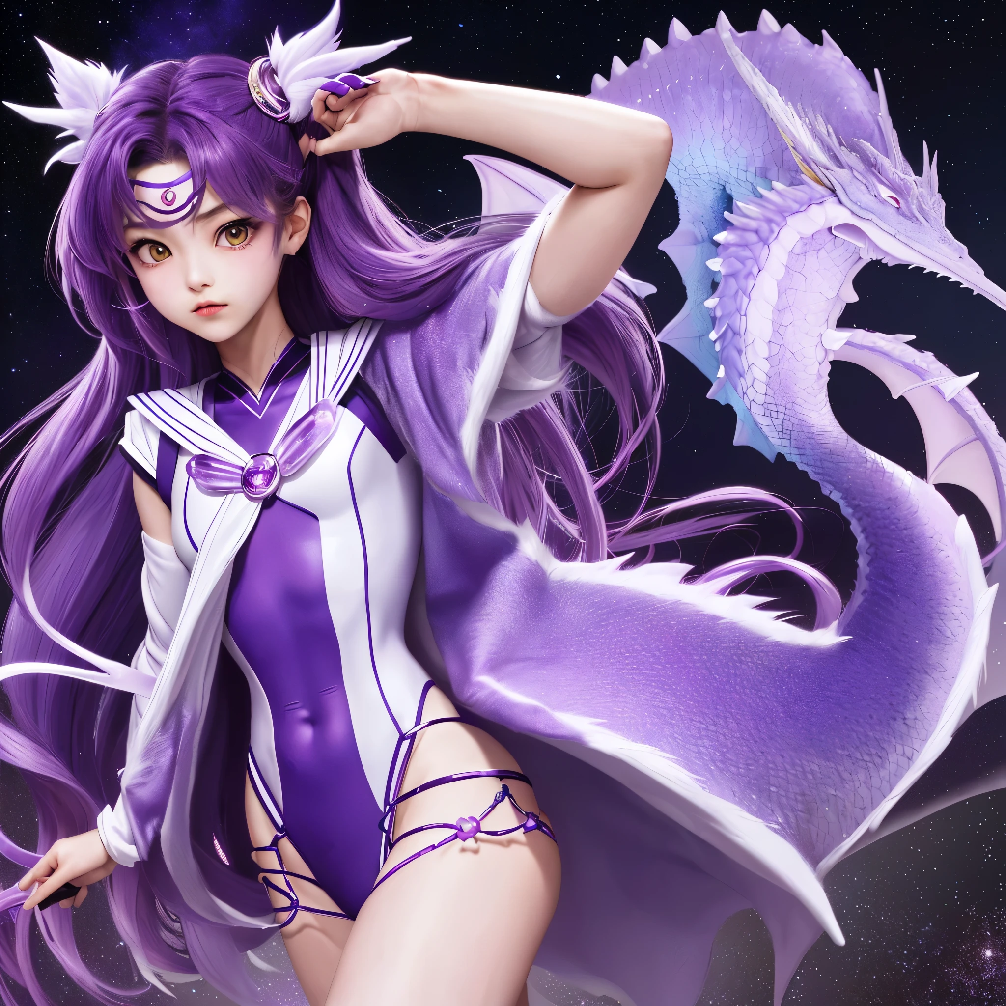 (Extreme complexity, two subjects)(subject 1: cryptic girl (CrptGrl), purple white gradient long hair, indifferent, kind, in her iconic outfit) and her companion Lisa (average Japanese woman, sailor scout outfit (small) looking embarrassed) confront a fire breathing dragon