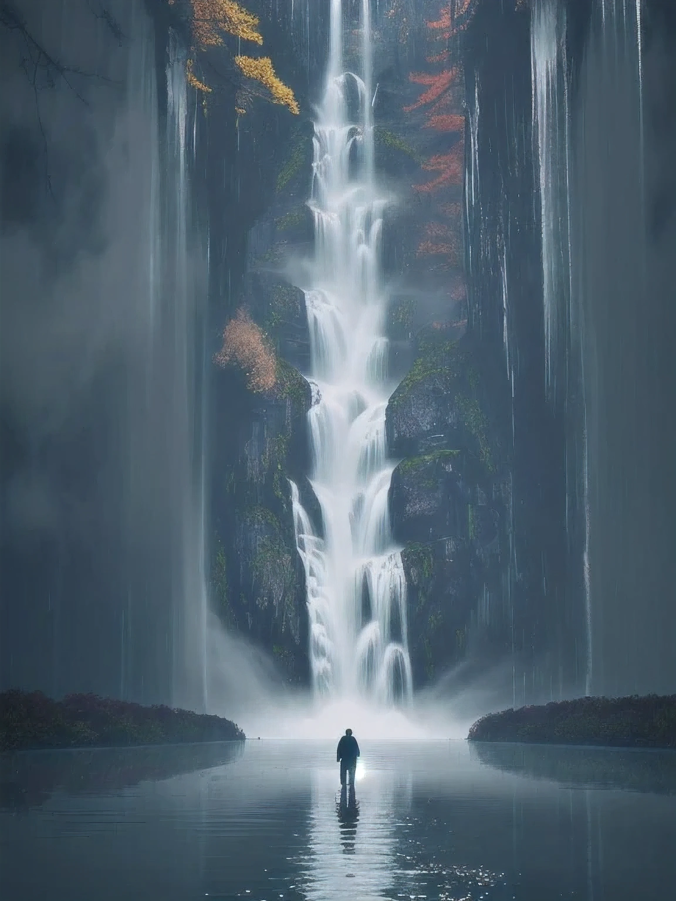 there is a man standing in the water with a Fall, solitude under a Fall, Absolutely outstanding image, inspired author：Hugh Ferris, an endless Fall, Rain, author：Hugh Ferris, Fall, under Fall, heavy rain, Inspired by Christopher Balaskas, under a Fall, Xin Haicheng. —h 2160, rain，The Secret of the Heavenly Book。