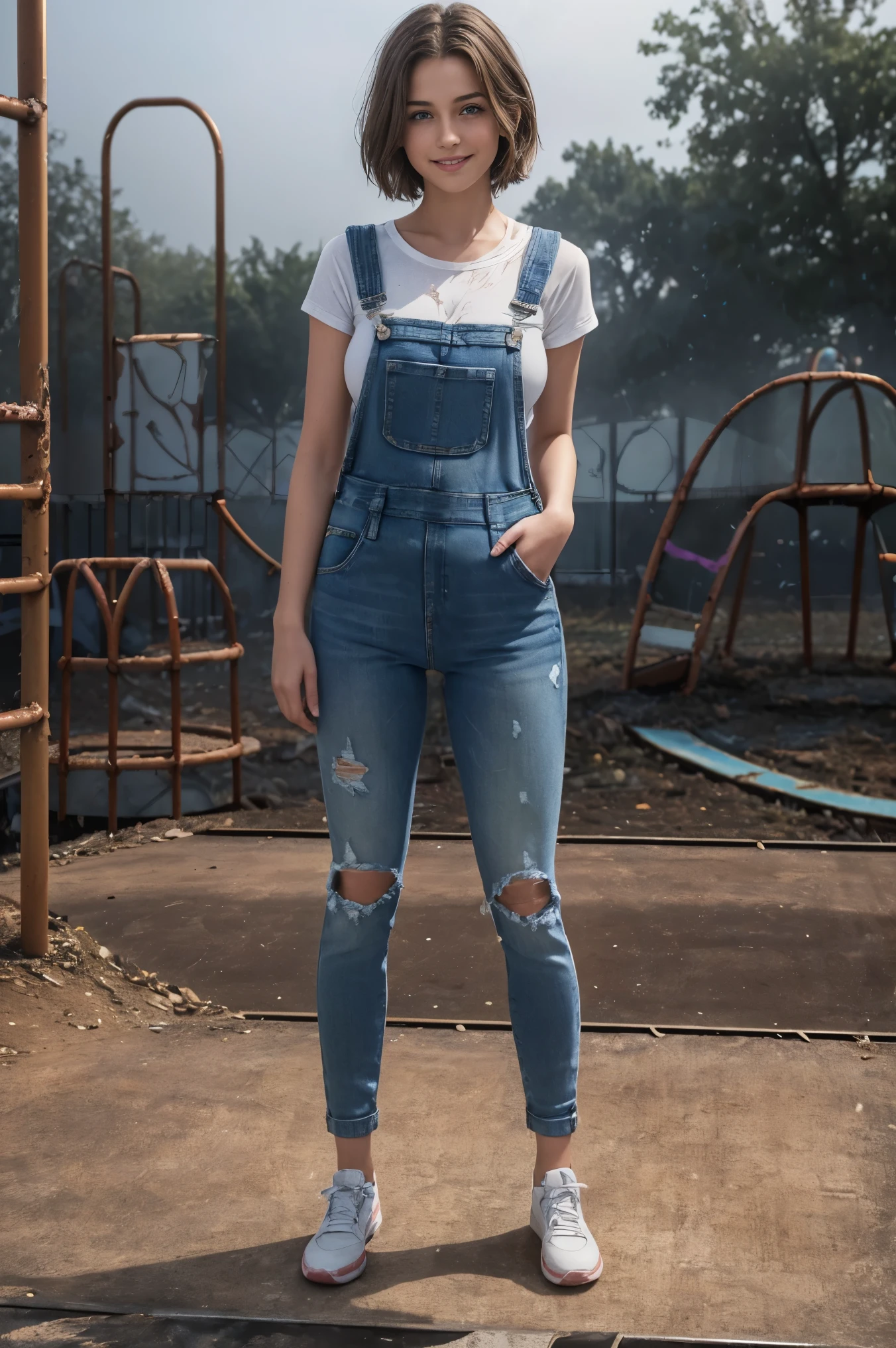 (best quality, masterpiece, ultra high resolution), (8k wallpaper, high-definition, HDR, RAW), (hyperrealistic), (authenticity: 1.4), (full body shot), 1girl, (( girl)), ((Short brown hair)), ((Pretty British Girl)), ((Pretty face)), ((Tight clothes)), ((Blue Eyes)), ((Pale skin)), amazing slim body, female curves, long legs, thick thighs, big ass, flat tummy, ((perfect hands)), ((Standing)), leaning forward, ((Denim overall)), (()), ((view at viewer)), ((Seductive smile)), (((On an abandoned playground))), foggy illumination, fog, divine illumination, contrast