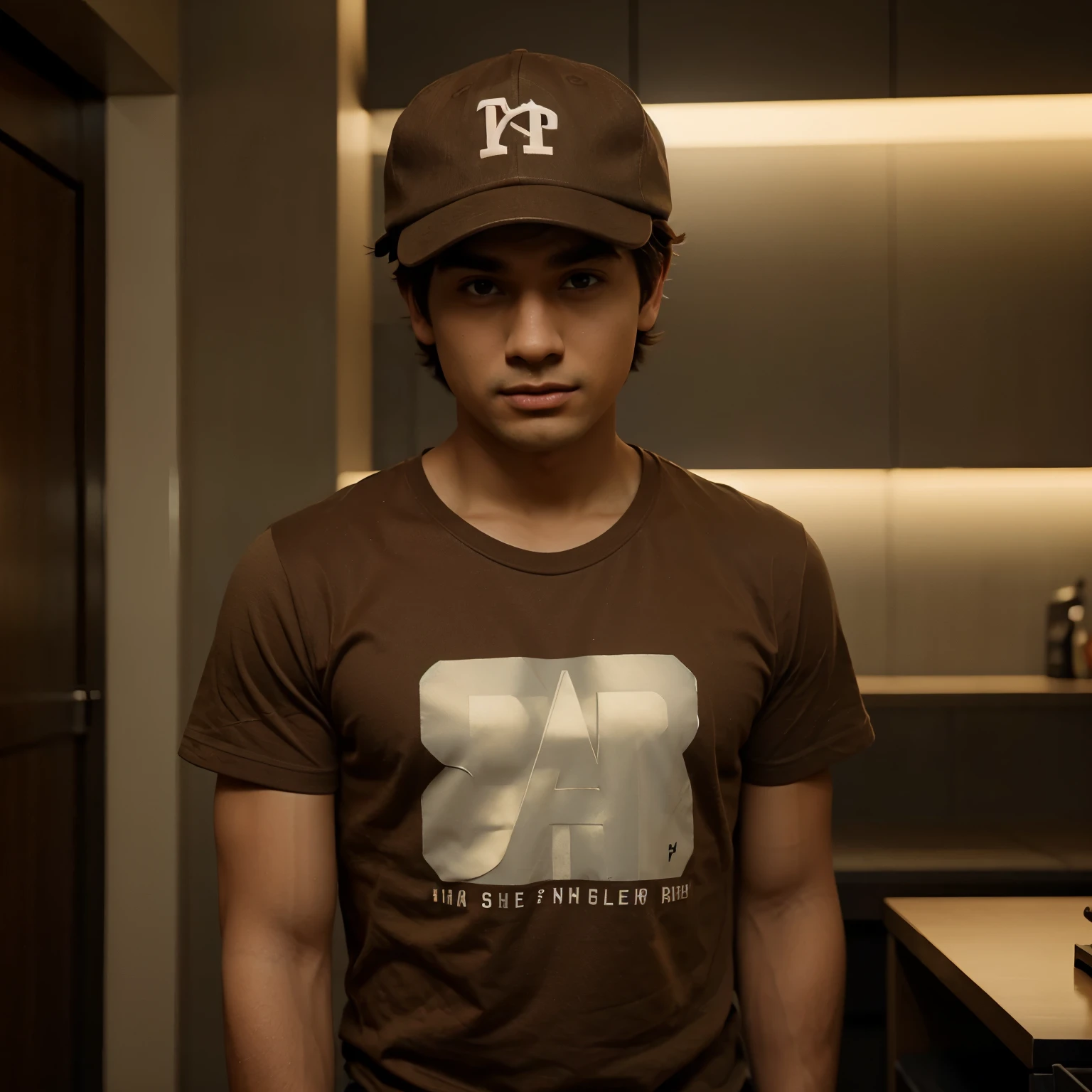 Boy with brown t-shirt, wearing cap with "DPS" Caption, pixar,