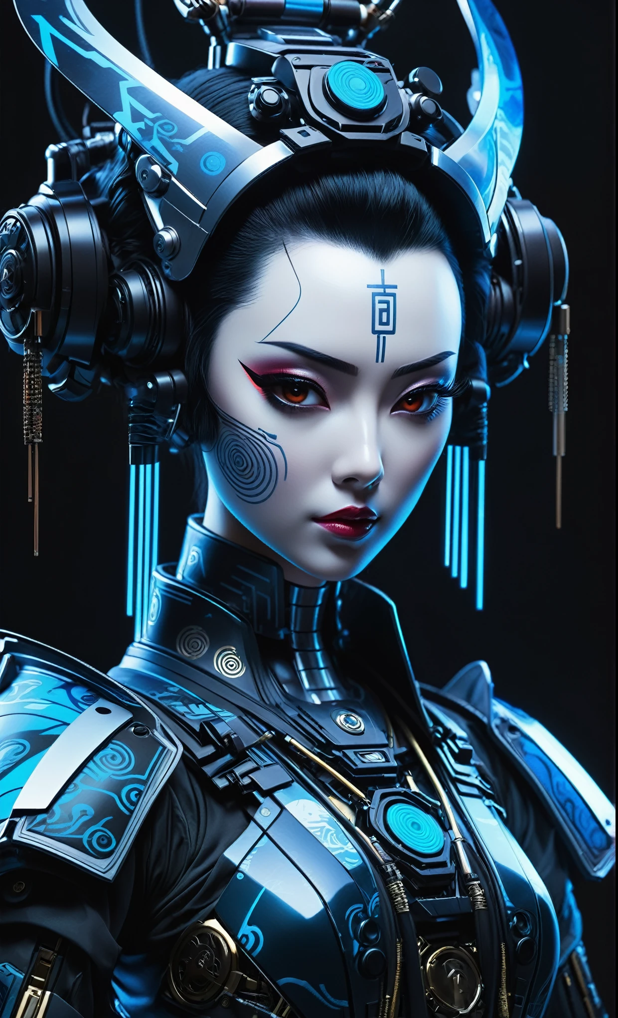 Ghost in the Shell Vol.2 - Assassin Geisha, by Luis Duarte, Luis Duarte style, blue and black shading, Neo-Tokyo style, Element Air, Mythpunk, Graphic Interface, Sci-Fic Art, Dark Influence, NijiExpress 3D v3, Kinetic Art, Datanoshing, Oilpainting, Ink v3, Splash style, Abstract Art, Abstract Tech, Cyber Tech Elements, Futuristic, Illustrated v3, Deco Influence, AirBrush style, drawing