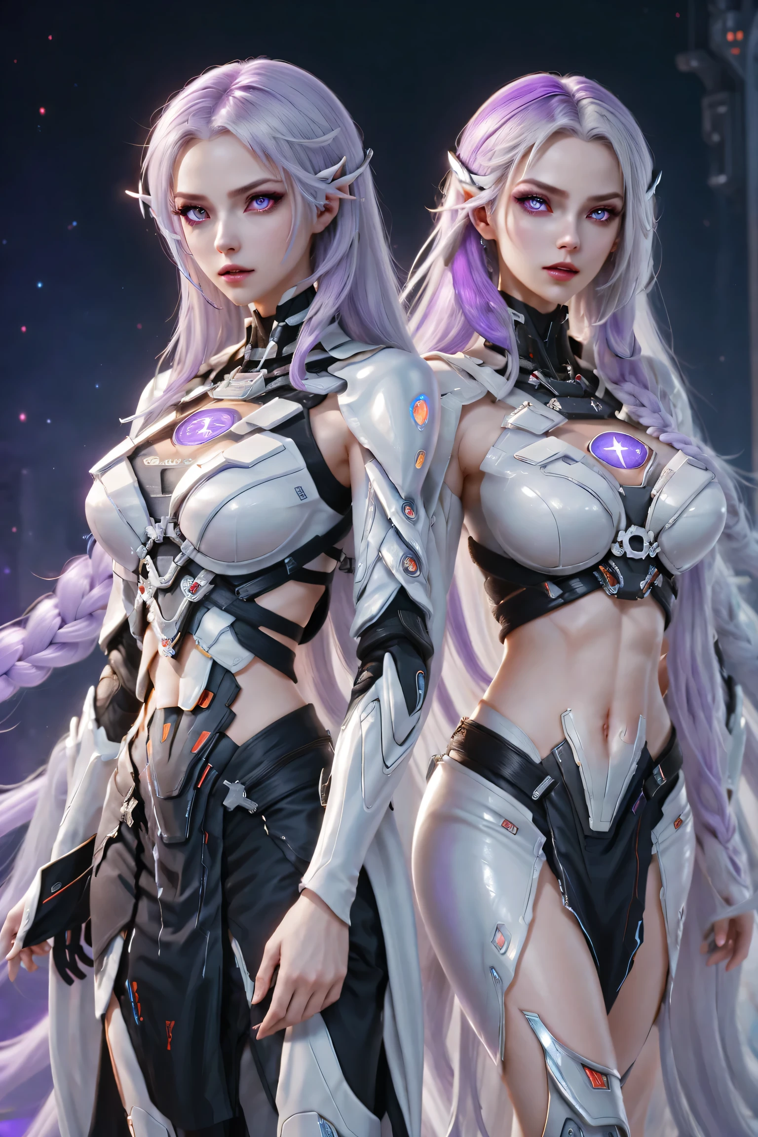 Complex 3D rendering, beautiful ceramic contours of mechanical women, two girls looking back to back at the audience, yinji, purple hair, purple eyes, long hair, white hair, double braids, gradient hair, robots, integrated circuit components, edge light, vivid details, luxurious cyberpunk, lace, super practical, anatomy, cables, microchips, elegant, beautiful starry background, octane rendering, H R. Fixed style, 8K, best quality, masterpiece, illustrations, very exquisite and beautiful, very detailed, CG, unity, wallpaper, stunning, exquisite details, silver