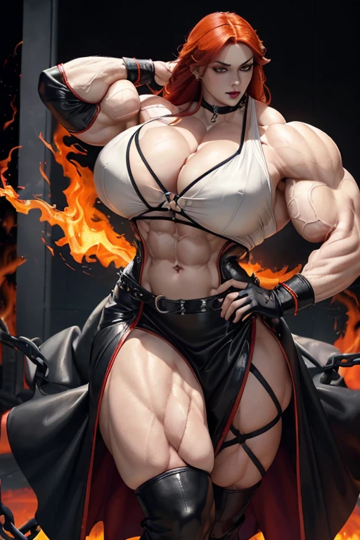 ((((Massive tall, beautiful, buff, pale white skinned muscular asian woman with red hair, black lipstick, ginormous bulky muscles, arms surrounded by crimson flames and wearing a beautiful black leather long dress)))), close view, massive muscle, beautiful black leather long dress, massive biceps, hyper muscle shoulders, ((ginormous muscle arms)), hyper muscle triceps, (long hair), yellow eyes, choker, pleated skirt, (chain belt), black coat, black boots, (fingerless gloves), (crimson smoke surrounding the body), in a darken skyscraper office, sexy glare, night, hyper vascular arm, hyper muscles arms, hyper muscle legs, (ginormous arms).