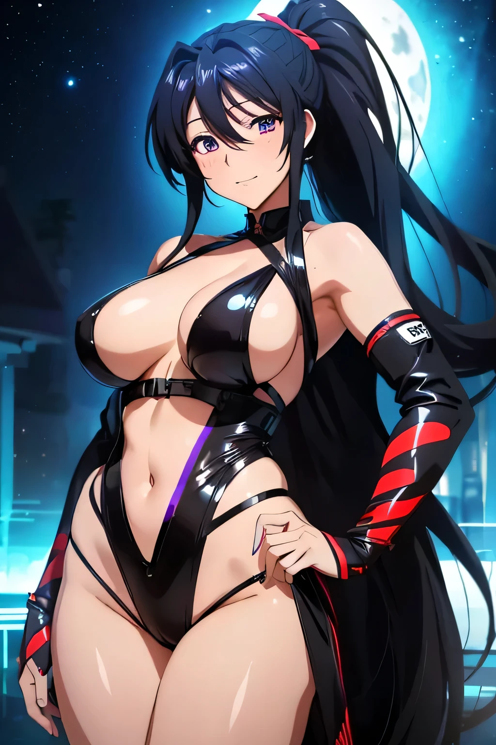 1 woman, akeno himejima, long black hair, ponytail, ((detailed eyes:1.2)), wearing translucent miko outfit, sexy, sensual, sleeveless, sideboob, underboob, masterpiece, top quality, best quality, official art, beautiful and aesthetic:1.2), extreme detailed, colorful, highest detailed