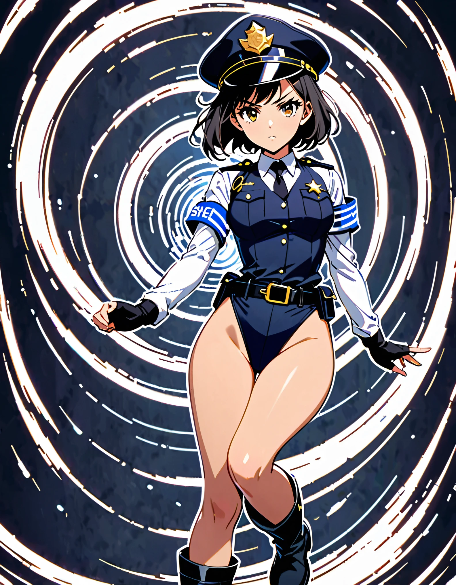 (masterpiece), (best quality), (high res),1girl, tall body, ((short hair, bob hair, jet black hair)), (hazel eyes) beautiful detailed eyes, beautiful detailed face, cute face, perfect hands, complete fingers, perfect anatomy, perfect proportions, ((hat, black police hat)), ((leotard, matching leotard, bare legs)), ((boots, matching boots)), breasts, medium breasts, fingerless gloves, (full body portrait), looking at viewer, solo, solo focus, police uniform, cowboy shot, (belt, tight belt), (armbands, white sleeves), serious, crossed arms, full body costume design. ahoge, spins in place like a tornado, she spins at an incredible speed, creating a whirlwind of air around her,spiral lines around,cyclone winds around,(she spins around) like a (tornado).