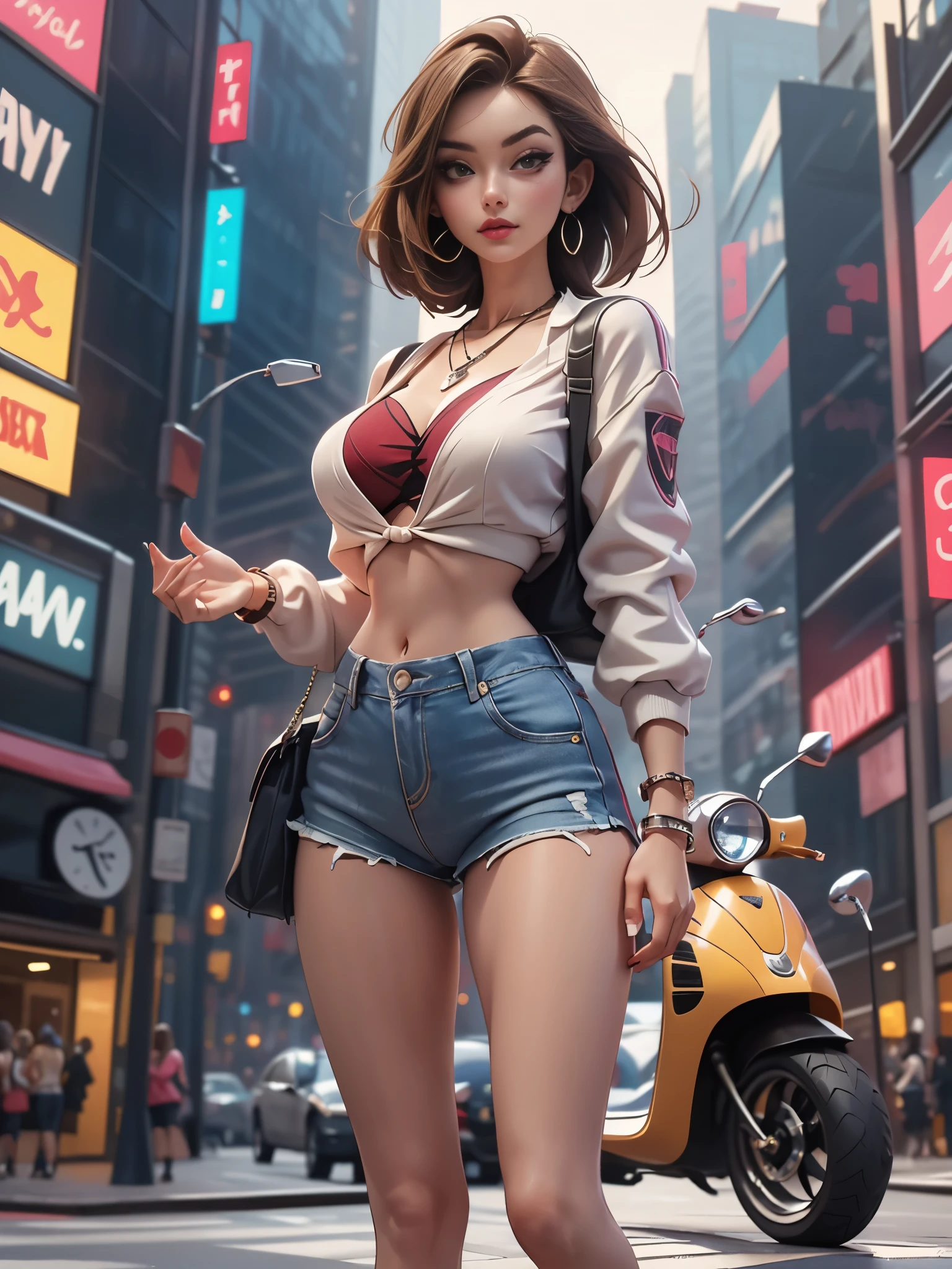 (1 girl, solo),Best quality, full body portrait, delicate face,brown long hair, bob haircut, forehead, 18 year old girl, slim figure, huge bust, loose oversized u-neck crop top full sleeved shhirt, cleavage,(under boobs:1.4), crotch gap, cameltoe, over shirt shorts, seen string of bikini bottoms, sunset bridge, vintage vespa behind, scene, standing tall, long leg , necklace, rings, earrings, bracelet, watch, open legs, araffe woman in shorts and a white top walking down a street, photorealistic perfect body, anime girl in real life, realistic anime 3 d style, sexy girl wearing shorts, at a city street, hyperrealistic full figure, bra and shorts streetwear, beautiful model girl, cyberpunk 2 0 y. o model girl, fashion model, hyper realistic anime, small waist, naval piercing, bellybutton pierced, nightlife,visible bra,denim shorts,tight ass, slutty,at night photo, night photography,brown hair(night outdoors)