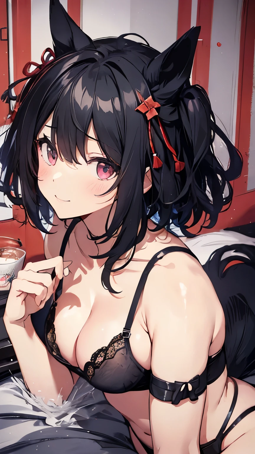 ((masterpiece,highest quality)), Movie angle,(Kitasan black_umamusume),Animal ears, short hair, Striped Hair, hair ornaments, Horse tail,(Black lingerie underwear、Cleavage、Lie down on the bed、Spread your legs、Sexy pose),nice,Long faux fur,hairpin,  alone, Shy smile, blush,Are standing,Looking at the audience,