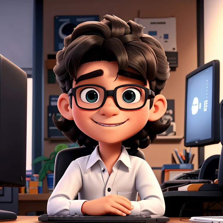 Menino de 19 anos, cabelo preto cacheado , enfrentar computador