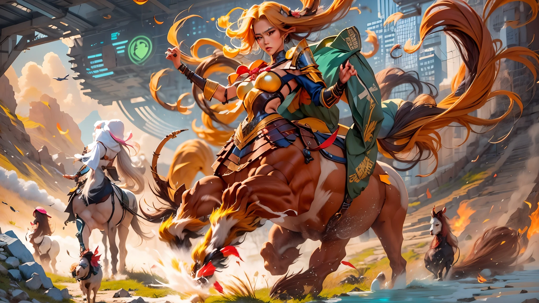 In the beautiful illustration of this super-grand scene，The ultra-distant lens shows us（More than eight distinctive and beautiful Centaur characters：2.7），Their personality、Distinctive and vivid features。from（A radiant, angelic, snow-white centaur from heaven：1.1），arrive（Nightmare-like fiery red centaur surrounded by flames：1.1）、再arrive（Green Centaur, the wind fairy dancing in the air：1.1）、再arrive有（One-horned blue centaur surrounded by lightning：1.1），arrive（A mechanical-style mecha Centaur shining with metallic light：1.1）、再arrive（A powerful dragon-shaped centaur wearing colorful dragon scale leather：1.1）、再arrive（A slender elven centaur that is graceful and agile：1.1）Gracefully wears a flower crown、arrive（Enchanting and charming Tiflin centaurs：1.1）、再arrive（A succubus centaur with an indescribably sexy feeling：1.1）。Each Centaur character fully demonstrates his unique style。The illustration uses advanced artistic techniques and tools，Use nesting、Weaving、Splicing、perspective、interlude、Montage and other artistic techniques，Divide the scene into sections by geometric arrangement，Each part corresponds to a role，from而更有效地利用了空间，Make eight centaurs exist in one picture at the same time，（The style tends to be grotesque、Hayao Miyazaki、Aesthetic、indescribable：3.3）。Through Midjourney's advanced brush tools、Color palette、Material packs和模型包、Texture tools，For each centaur, beautiful props are designed to increase racial characteristics、Clothing and physical features，Enhances the character's personality and visual appeal，（Stunning landscapes in illustrations，There are changing skies、rainbow、aurora、Stars and Moon，Incorporating iconic landmarks such as Mount Everest，and fireworks、Tranquil Lake、Natural and urban elements of waves and neon lights，Creates a magical atmosphere：1.5），Centaurs demonstrate their unique abilities and equipment in a variety of environments，This is true even in extreme alien landscapes。Use Midjourney's tools、Material packs、Texture tools、The color palette makes depicting details vivid and realistic，from复杂的发型和以及不同的种族特质、Body、Appearance features、服装arrive真实的纹理，Greatly improved the realism of the Centaurs and their surroundings，The fusion of multiple art styles adds dynamism to the character&#39;s movement at all angles，The overall visual experience is further enriched。The final illustration was described as a "masterpiece"，It has the characteristics of "best quality" and "realistic"，The details put into the creative process are shown、Level of creativity and craftsmanship。 hdr，（Reality，Masterpiece quality，Best quality）