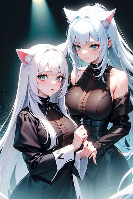 A woman with white hair has cat ears and green eyes