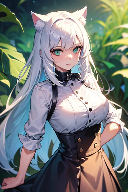 A woman with white hair has cat ears and green eyes 