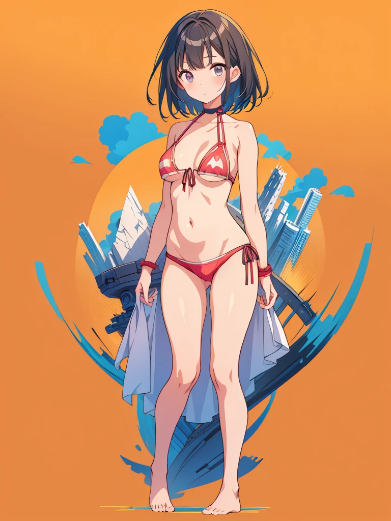 1girl、vtuber-fullbody、highest quality、Masterpiece、Official Art、The best composition、Super detailed、Standing in front of the viewer、short hair、Simple bikini、Small breasts、barefoot、Simple Background、Upright Pose、Character Design、