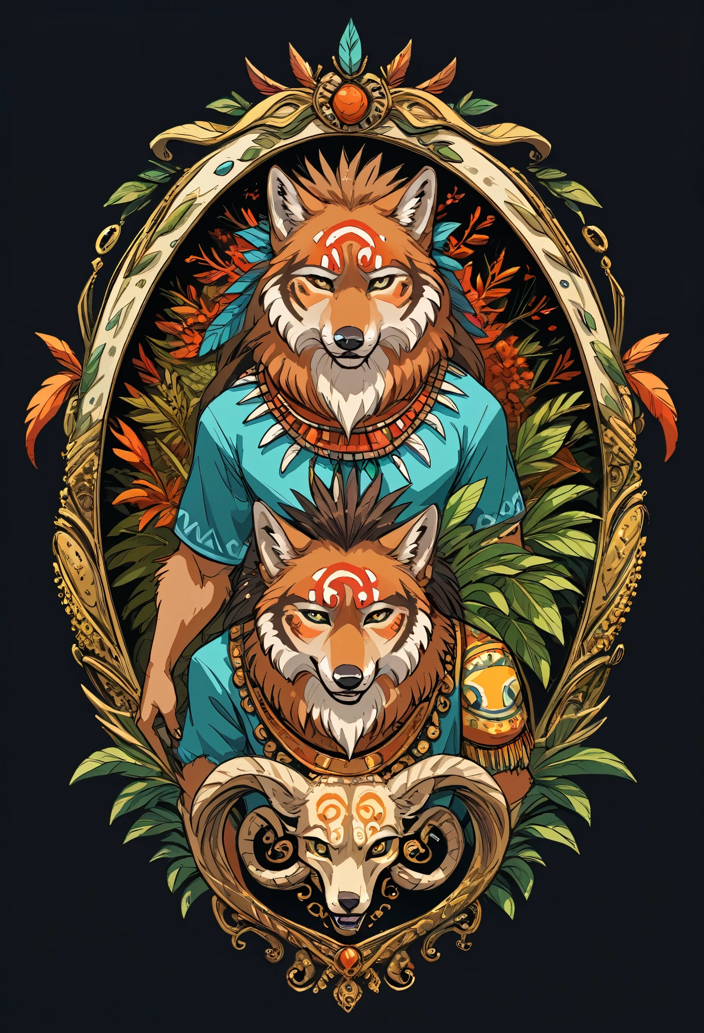8k, Tribal Spirit animals, A t-shirt design inspired by tribal art and folklore, featuring intricately detailed spirit animals such as wolves, The design incorporates geometric patterns and bold linework to create a striking and powerful composition, white background,