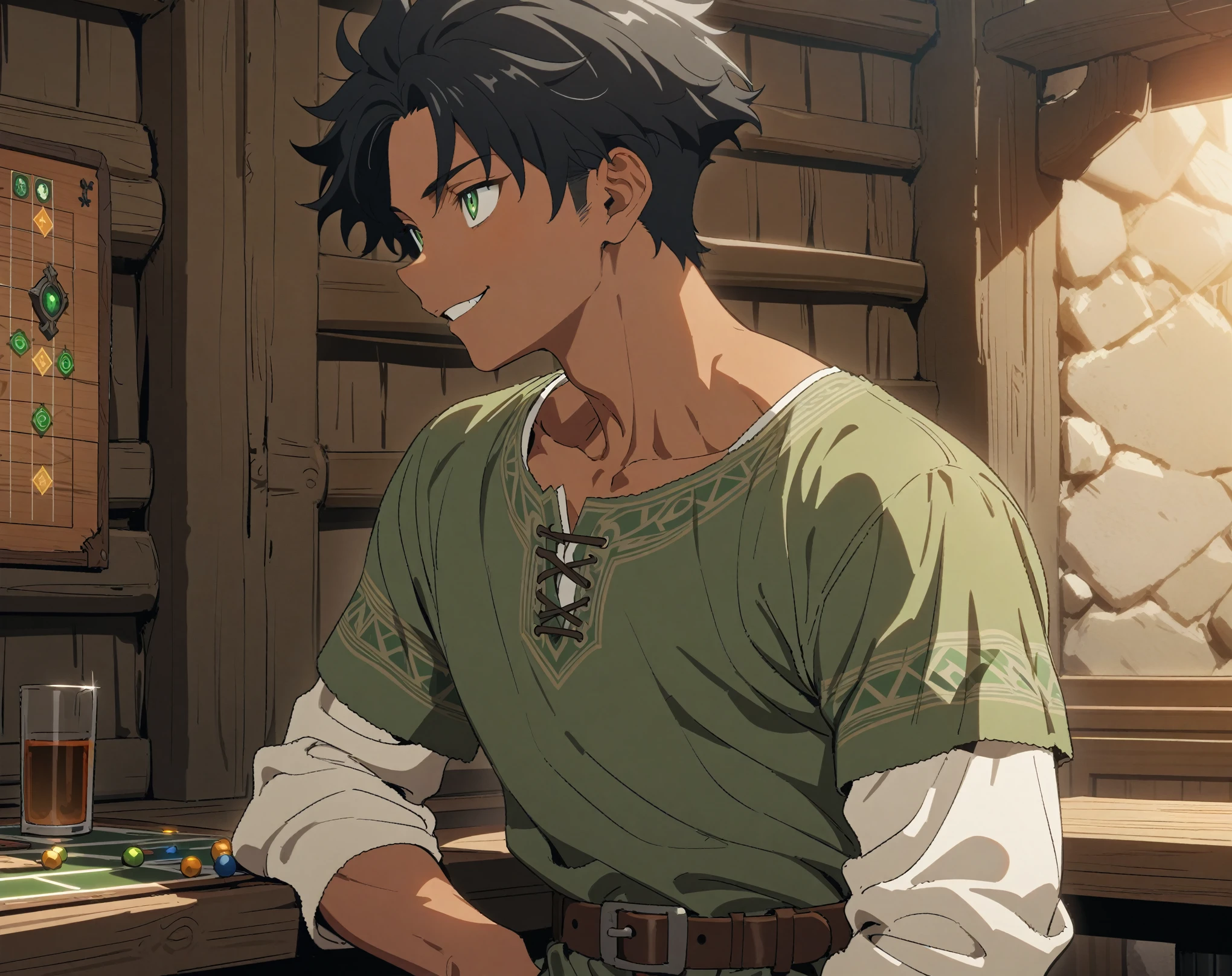 (Masterpiece, best quality, highres) {{Artist: Sincos}} 1 man, solo, 26years old, strong, tan skin, handsome, muscular, sharp eyes, green eyes, black hair, short haircut, taller than camera, green tunic, leather belt, white pants, gentle eyes, inside tavern, quest board, from the side, looking at camera, energetic smile, medieval fantasy.