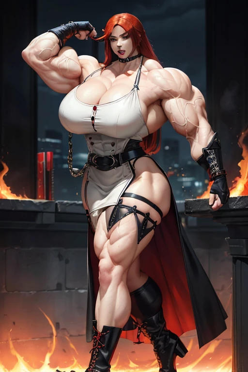 ((((Massive tall, beautiful, buff, pale white skinned muscular asian woman with red hair, black lipstick, ginormous bulky muscles, arms surrounded by crimson flames and wearing a beautiful black leather long dress)))), close view, massive muscle, beautiful black leather long dress, massive biceps, hyper muscle shoulders, ((ginormous muscle arms)), hyper muscle triceps, (long hair), yellow eyes, choker, pleated skirt, (chain belt), black coat, black boots, (fingerless gloves), (crimson smoke surrounding the body), in a darken skyscraper office, sexy glare, night, hyper vascular arm, hyper muscles arms, hyper muscle legs, (ginormous arms).