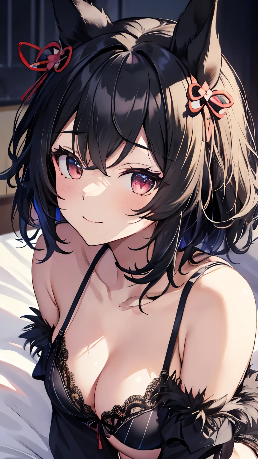 ((masterpiece,highest quality)), Movie angle,(Kitasan black_umamusume),Animal ears, short hair, Striped Hair, hair ornaments, Horse tail,(Black lingerie underwear、Cleavage、Lie down on the bed、Spread your legs、Sexy pose),nice,Long faux fur,hairpin,  alone, Shy smile, blush,Are standing,Looking at the audience,