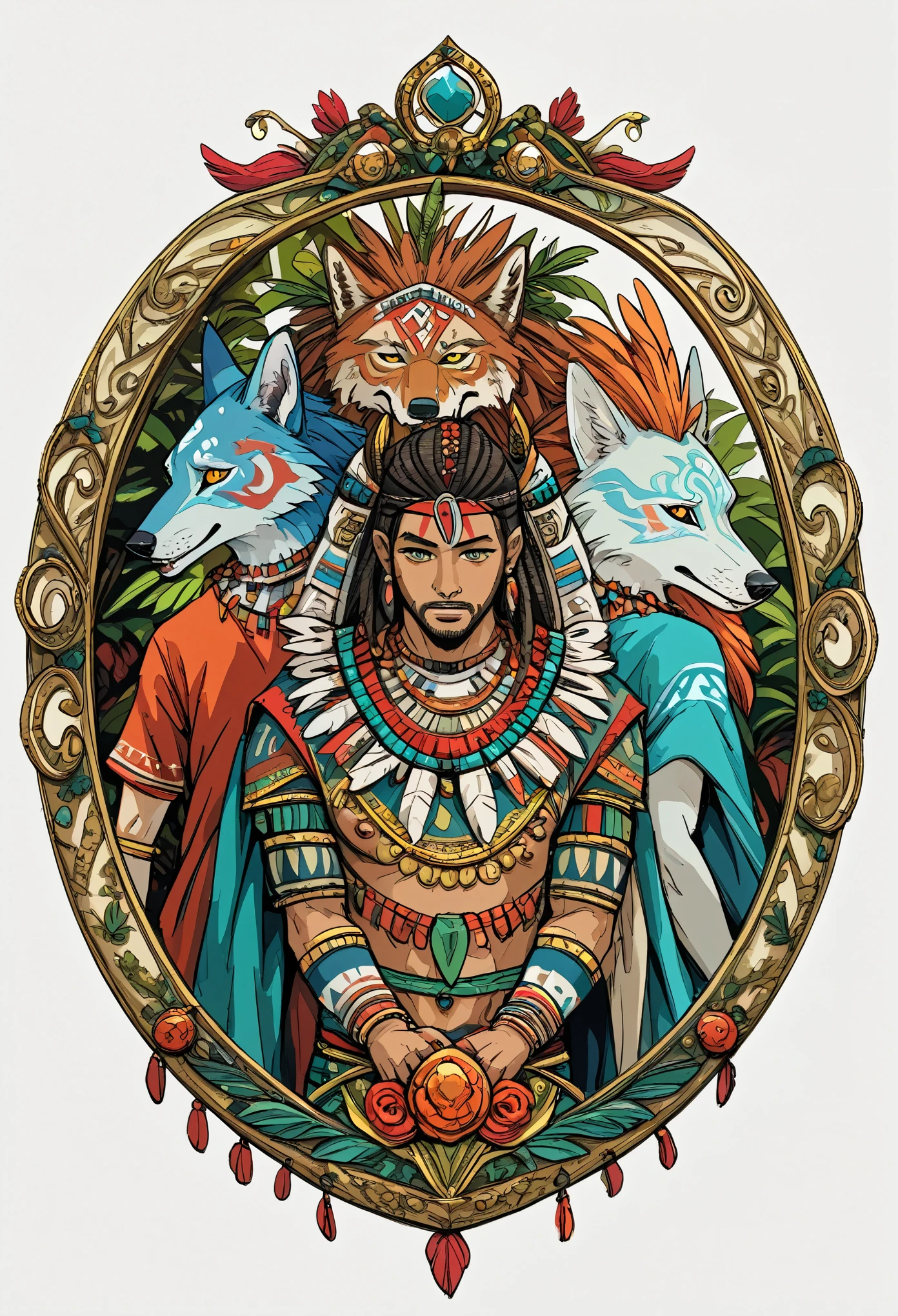 8k, Tribal Spirit animals, A t-shirt design inspired by tribal art and folklore, featuring intricately detailed spirit animals such as wolves, The design incorporates geometric patterns and bold linework to create a striking and powerful composition, white background,