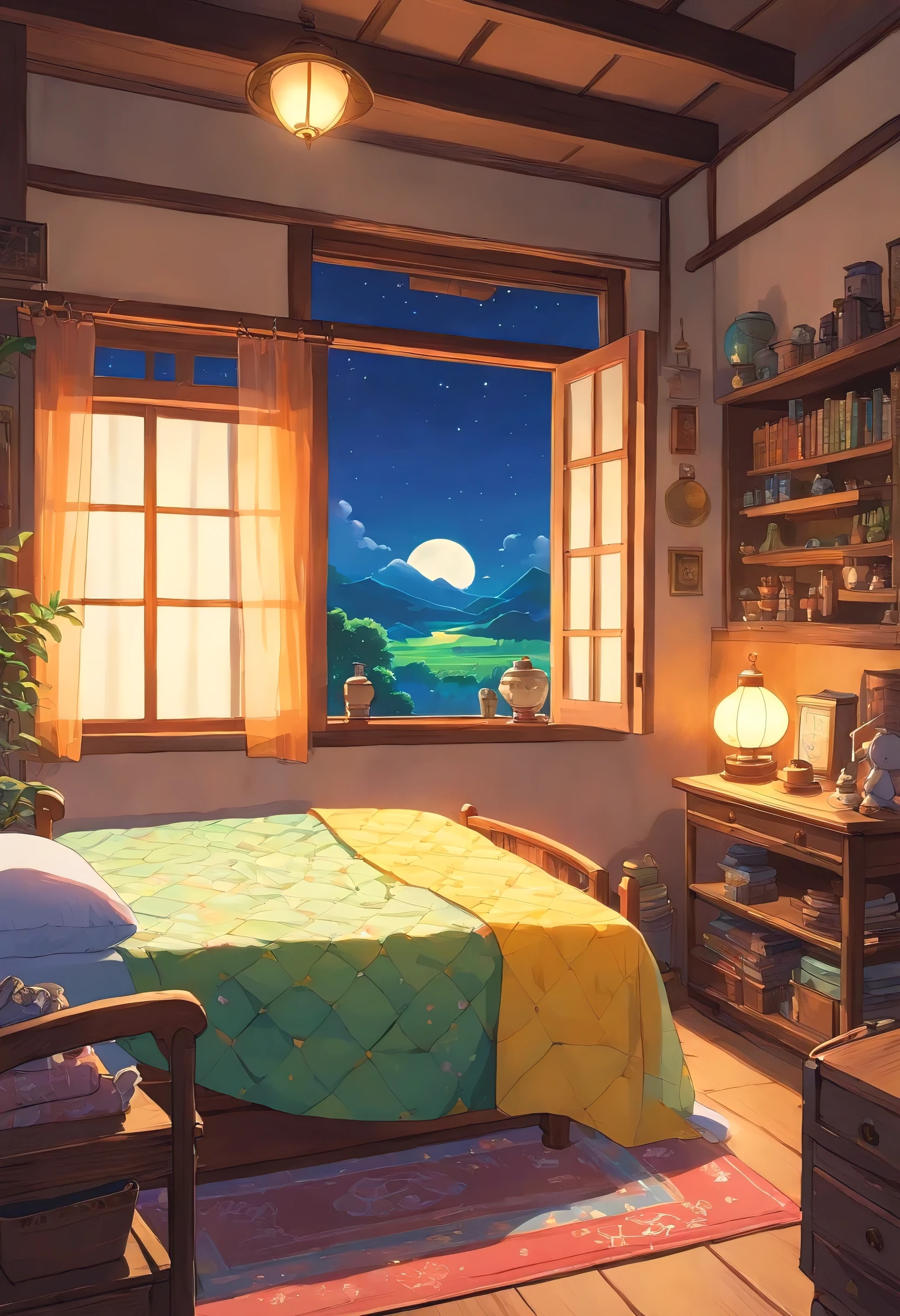 Zhuang Style Room，There is a little boy sleeping in the bed，Covered with quilt，There is a table next to the window，There is a spinning top on the table.，Moonlight comes in