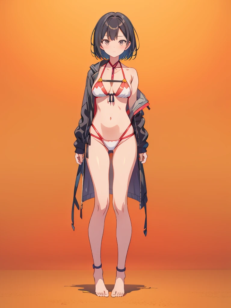 1girl、vtuber-fullbody、highest quality、Masterpiece、Official Art、The best composition、Super detailed、Standing in front of the viewer、short hair、Simple bikini、Small breasts、barefoot、Simple Background、Upright Pose、Character Design、