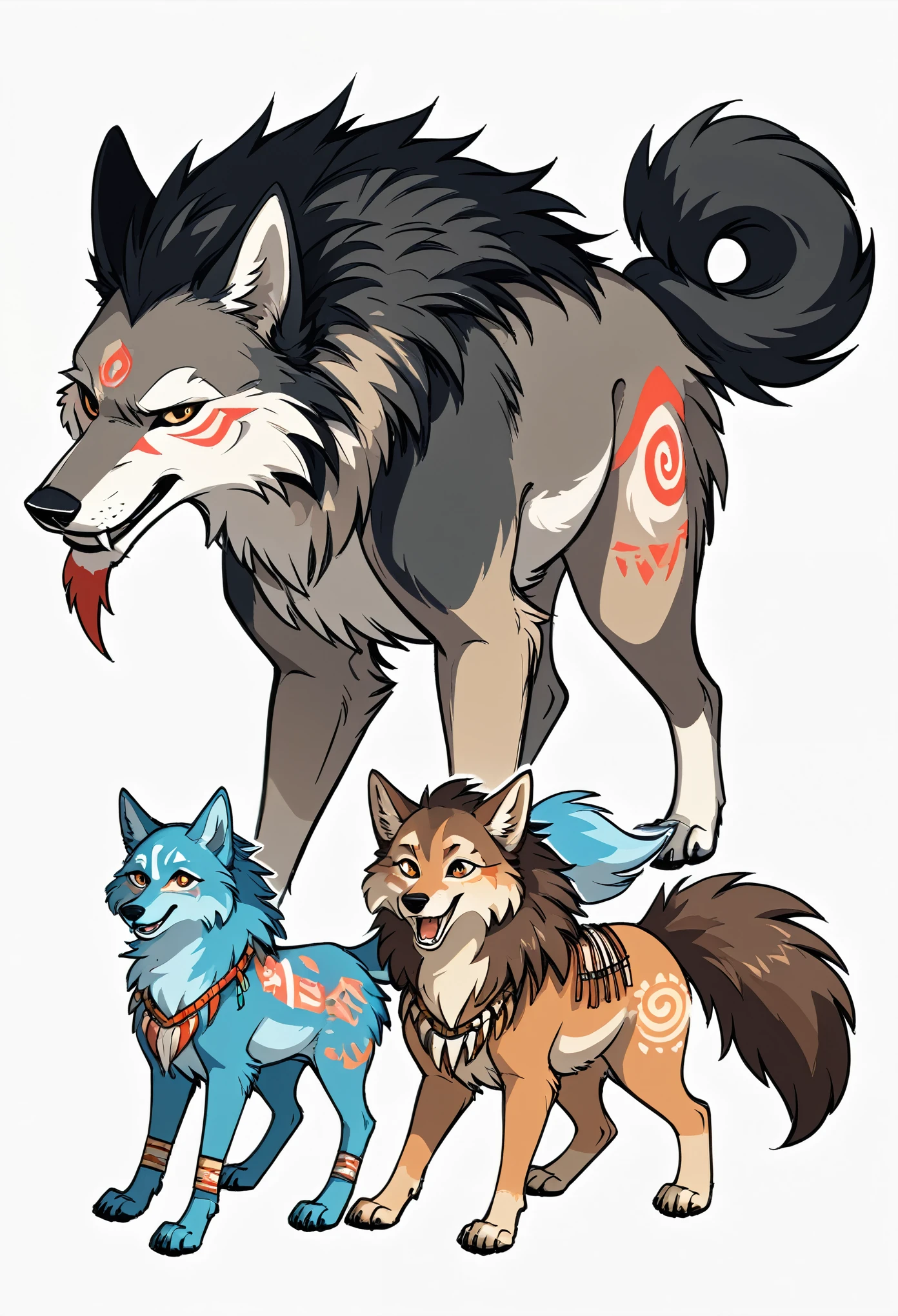 8k, Tribal Spirit animals, A t-shirt design inspired by tribal art and folklore, featuring intricately detailed spirit animals such as wolves, The design incorporates geometric patterns and bold linework to create a striking and powerful composition, white background,