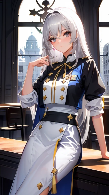 bronya, 1 chica, solo, ((Camisa blanca)), black muslos, senos, escote, uniform, Oficina background, falda negra, Falda plisada, Oficina, pelo entre los ojos, Pendiente morado, large senos, pelo largo, mirando al espectador, short silver nails, ojos grises, solo, muslos, muslos, very pelo largo, ((obra maestra)), session, silla, escritorio, computer on escritorio, etiqueta de nombre, id tag, interior, Rubor, pose sexy, hands behind,