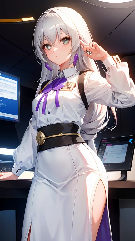 bronya, 1 chica, solo, ((Camisa blanca)), black muslos, senos, escote, uniform, Oficina background, falda negra, Falda plisada, Oficina, pelo entre los ojos, Pendiente morado, large senos, pelo largo, mirando al espectador, short silver nails, ojos grises, solo, muslos, muslos, very pelo largo, ((obra maestra)), session, silla, escritorio, computer on escritorio, etiqueta de nombre, id tag, interior, Rubor, pose sexy, hands behind,