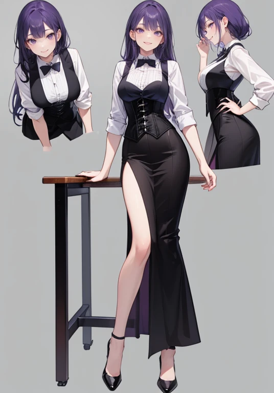 Purple hair,long hair,Adult female,Bartender,((Rolling up your sleeves shirt)),black vest,(Corset),(skirt),(slit),High heels,((Simple background)),Smile,((Full body)),((whole body)),Character Sheet,