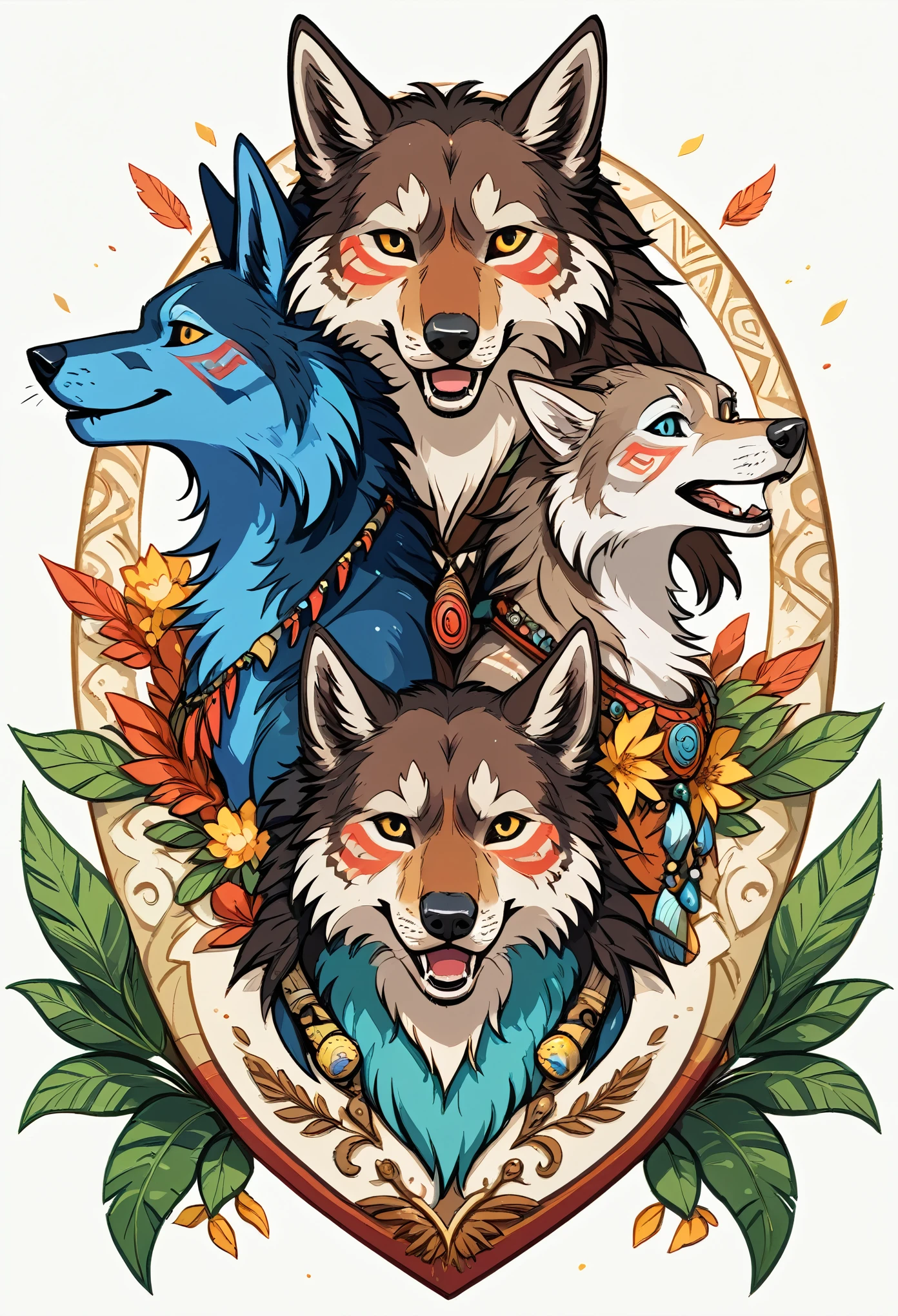 8k, Tribal Spirit animals, A t-shirt design inspired by tribal art and folklore, featuring intricately detailed spirit animals such as wolves, The design incorporates geometric patterns and bold linework to create a striking and powerful composition, white background,