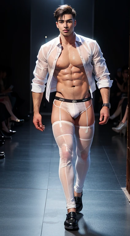Full Body photorealistic handsome Hunky masculine fractal Jack Frost wearing white underwear transparent mesh thong model walking in the runway for fashion show super massive bulge