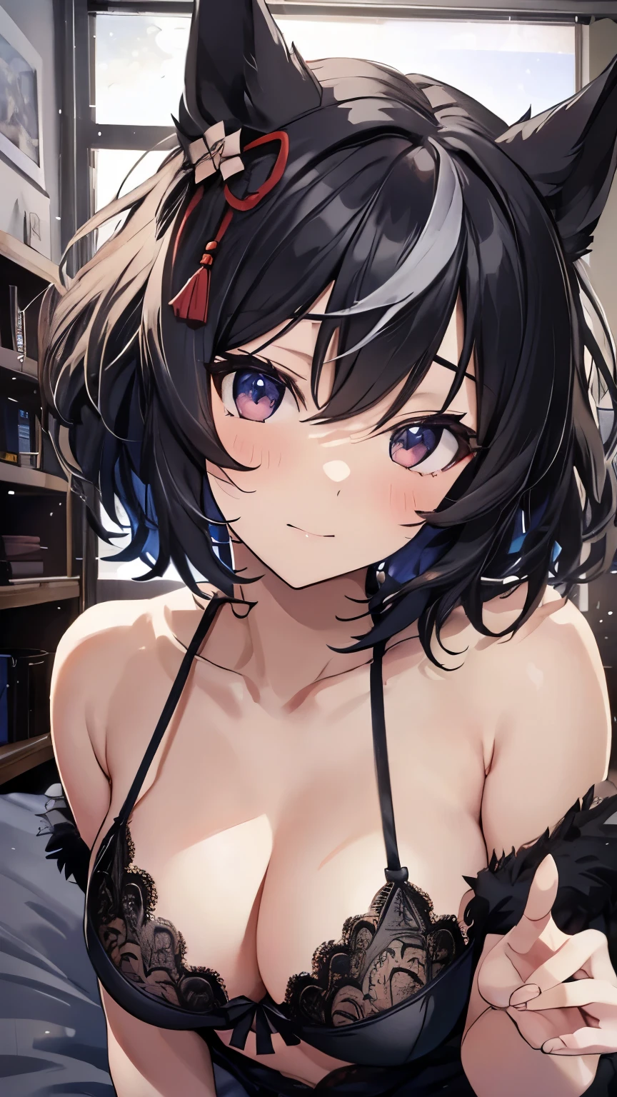 ((masterpiece,highest quality)), Movie angle,(Kitasan black_umamusume),Animal ears, short hair, Striped Hair, hair ornaments, Horse tail,(Black lingerie underwear、Cleavage、Lie down on the bed、Spread your legs、Sexy pose),nice,Long faux fur,hairpin,  alone, Shy smile, blush,Are standing,Looking at the audience,