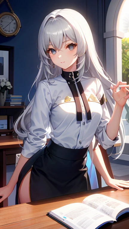 bronya, 1 chica, solo, ((Camisa blanca)), black muslos, senos, escote, uniform, Oficina background, falda negra, Falda plisada, Oficina, pelo entre los ojos, Pendiente morado, large senos, pelo largo, mirando al espectador, short silver nails, ojos grises, solo, muslos, muslos, very pelo largo, ((obra maestra)), session, silla, escritorio, computer on escritorio, etiqueta de nombre, id tag, interior, Rubor, pose sexy, hands behind,