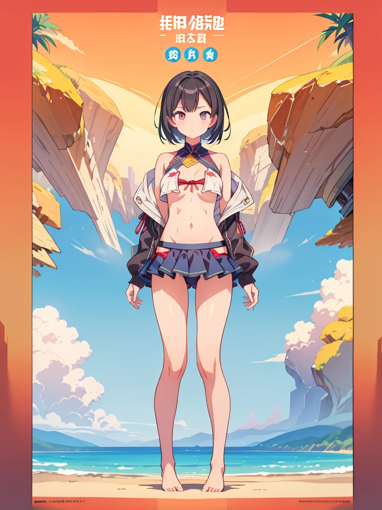 1girl、vtuber-fullbody、highest quality、Masterpiece、Official Art、The best composition、Super detailed、Standing in front of the viewer、short hair、Simple bikini、Small breasts、barefoot、Simple Background、Upright Pose、Character Design、