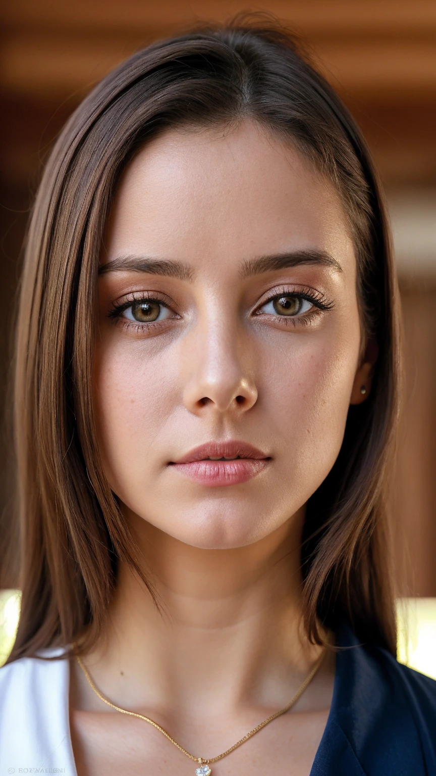 Senhora bonita,, maquiagem escura, Fotografia hiper detalhada, luz suave, head and breast portrait, cobrir,, best quality, (rosto bonito detalhado, textura da pele do detalhe, corpo ultra-detalhado:1.1) brown hair, Hazel Eyes 18 anos adolescente