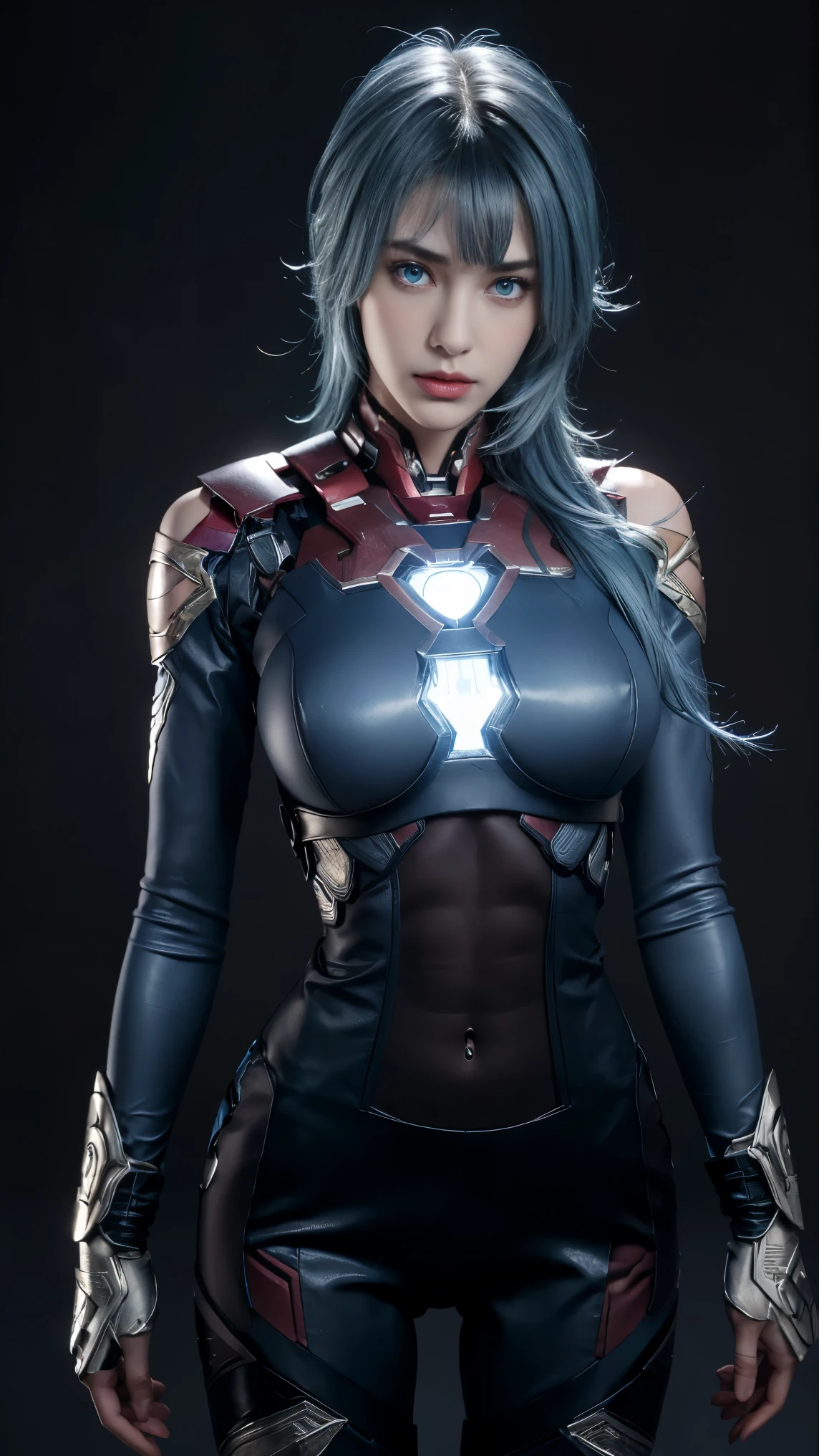 8K, Top Quality, Intricate Details, Ultra Detail, Ultra High Resolution, Masterpiece, close up shot, (full body: 1.1), Slender, Smile, (Makeup: 0.4), (Fluffy Blue Eyes: 1.21), (()), 1girl, solo, 1 girl, ((blue hair, bangs)), close up shot, , ((tall)), (((fit body))), (((slim face))), sharp face, (()) (detailed face), sharp face, small lips, , , dynamic pose,
((, ironman suit, )), , ((,)), detailed face, detailed breast, , ((large breast, huge breast)), detail ass, Narrow Waist, Skinny, tall , 190 cm tall, very tall, Muscular, Navel, Exposed Abdomen, Pointed Chest,, Beautiful girl with accentuated slender abs: 1.4, Six Pack Abs: 1.4, Bust Botox, Big, Perfect Body, detail leg, (( dark background)), black background,