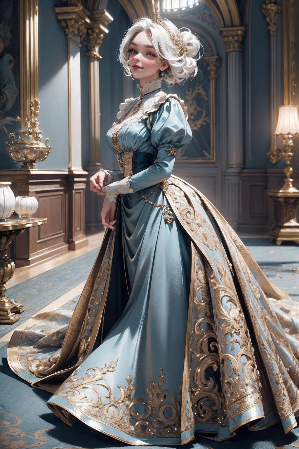 { - anatomy error}(Masterpiece - Ultra-detailed, very high resolution) Prepare to be enchanted by a true masterpiece that combines ultra-detailed art with high-resolution rendering. This work depicts a mesmerizing woman with short white hair (1.3) and captivating opal eyes (1.2), emanating an aura of elegance and mystery in Victorian settings. The intricate details and realistic textures invite you to explore every aspect of this enchanting composition. Woman wearing beautiful classic Victorian costume from the year 1878. Red lips. Happy face. Smiling. light blue (gold) dress. Walking, writing, lying down, standing, on your back, dynamic poses., upper body. dynamic poses. Get ready to dive into a world where beauty and craftsmanship merge perfectly.