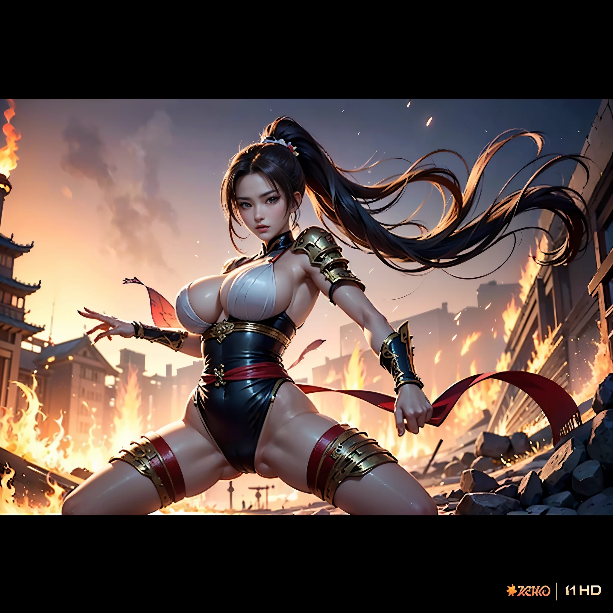 （Battle pictures,Battle close-up,Dynamic shooting），((epic work，Mai Shiranui，Smooth skin inlaid with armor，Ancient battlefield of China，High Ponytail，Shoot from below，Rich scene details，There was smoke everywhere，There is a tall tower in the distance，The flames lit up the sky red))，(18 years old，Majestic and serious expression，Huge breasts),((Anatomically correct，8K, Super Detail, UHD, masterpiece, Super Detail, High Detail, high quality, The award-winning, best quality, High resolution, 1080P, HD, 4k, 8K, precise))