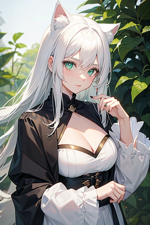 A woman with white hair has cat ears and green eyes 