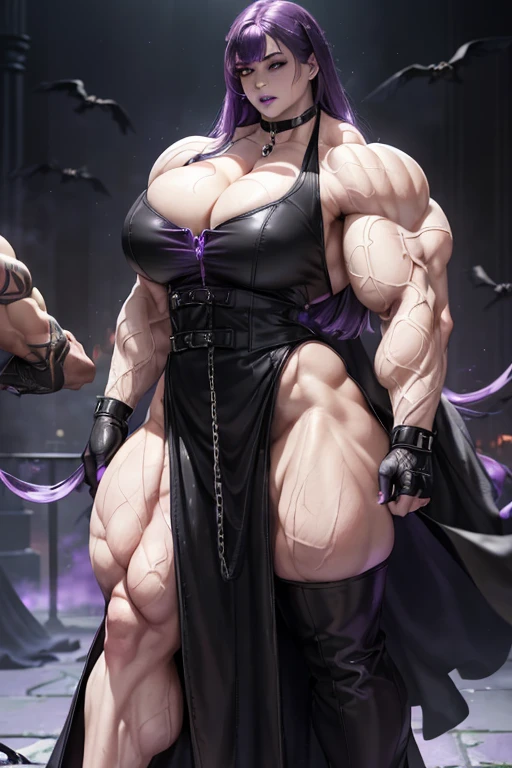 ((((Massive tall, beautiful, buff, pale white skinned muscular woman with violet purple hair, black lipstick, ginormous bulky muscles, surrounded by crows and wearing a beautiful black leather long dress)))), close view, beautiful black leather long dress, massive muscle, massive biceps, hyper muscle shoulders, ((ginormous muscle arms)), hyper muscle triceps, (long hair with long bangs), black eyes, choker, pleated skirt, (chain belt), black coat, black boots, (fingerless gloves), (violet purple smoke surrounding the body), in a darken skyscraper office, sexy glare, night, hyper vascular arm, hyper muscles arms, hyper muscle legs, (ginormous arms).