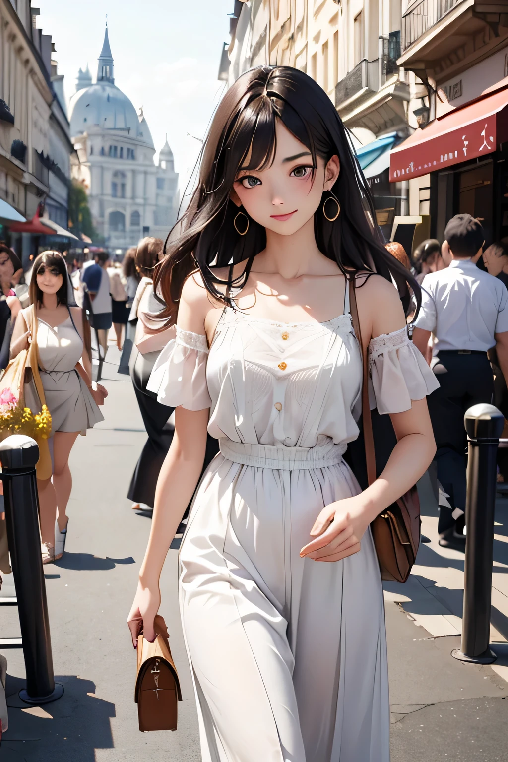 1 female,18 year old,smile:1.3,(BLACK  eyes:1.3),((8K,masterpiece,Perfect Anatomy)),Cowboy Shot,(Beautiful and exquisite face and eyes,gorgeous eyes:1.3),  
 BREAK  ,Black Hair:1.3,bangs,  BREAK  ,smile,blush,Small breasts、BREAK   、Tokyo street、((Background blur)),((White dress))、french braid,Street Snap、