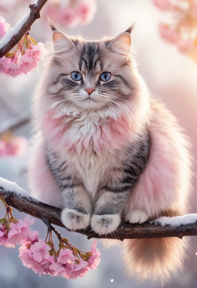 A beautiful hyper-fluffy hyperrealistic bird   cat on a branch with pink flowers and snow. Small water drops, shining. Sunrise. Pastel colors. Intricately detailed, masterpiece, beautiful. Photorealistic, raw image