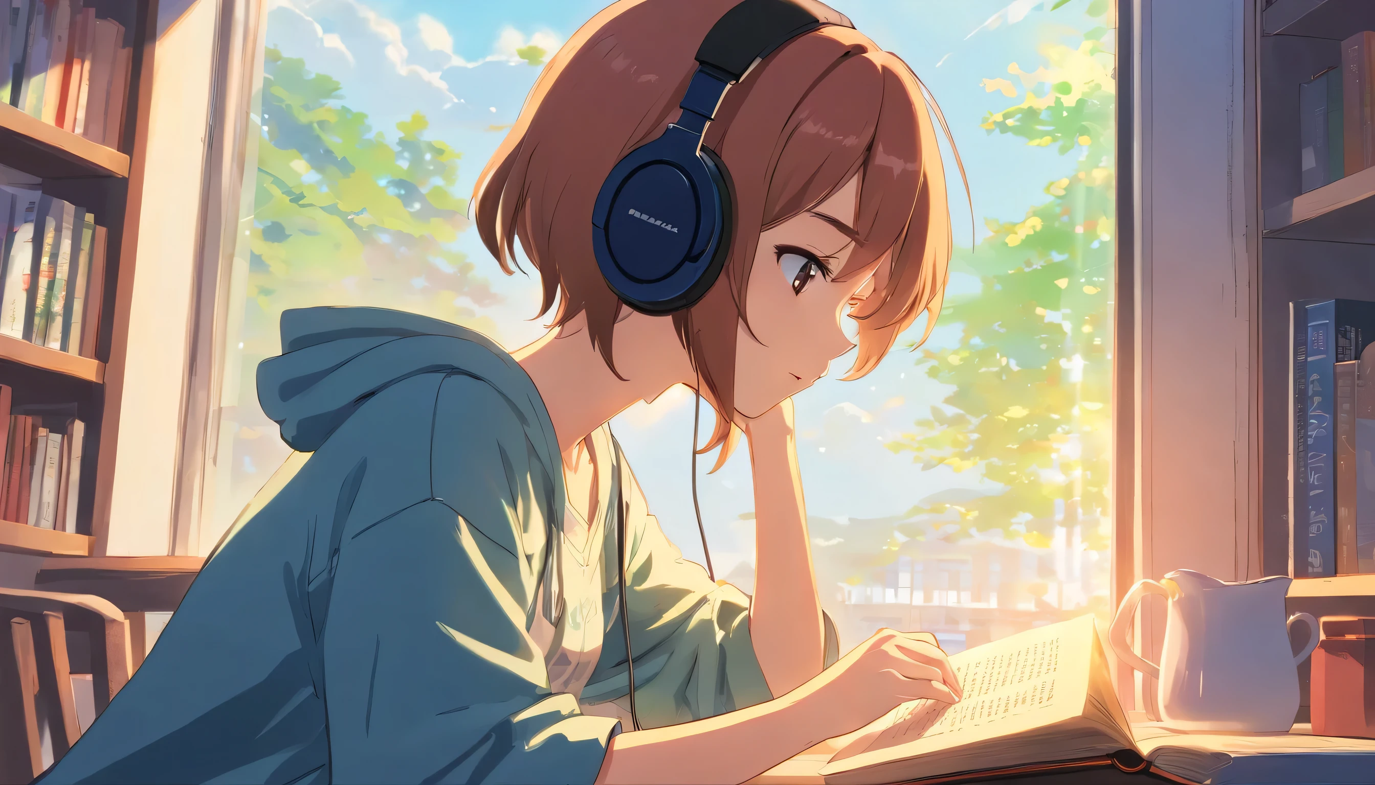 anime girl with headphones reading a book while wearing headphones, while thoughtfully looking at the window, blank background, anime illustration, 4k, vibrant colors, poster, illustration, anime, vibrant